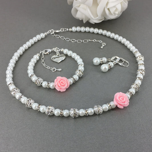 Pink Resin Rose Pearl Necklace Flower Girl Charm Bracelet Earrings