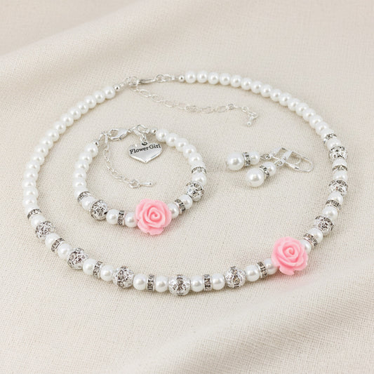 Pink Resin Rose Pearl Necklace Flower Girl Charm Bracelet Earrings