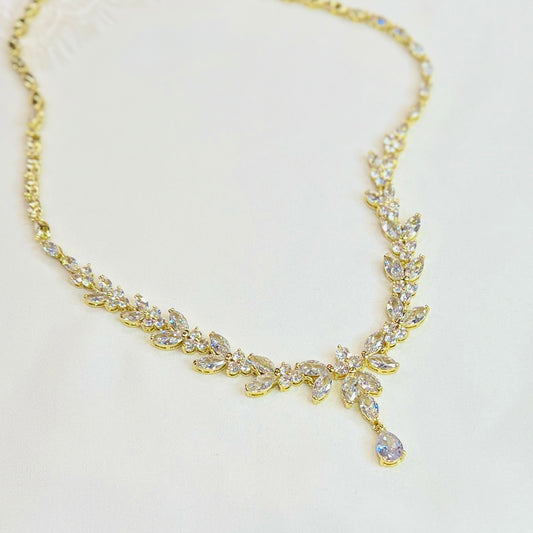 Wedding Bridal 18K Gold Plated Cubic Floral Statement Necklace