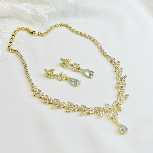Wedding Bridal 2pcs 18K Gold Plated CZ Necklace and Earrings Set