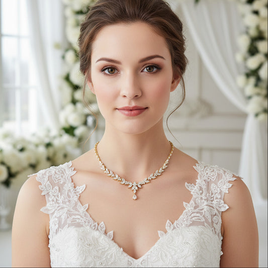 Wedding Bridal 2pcs 18K Gold Plated CZ Necklace and Earrings Set