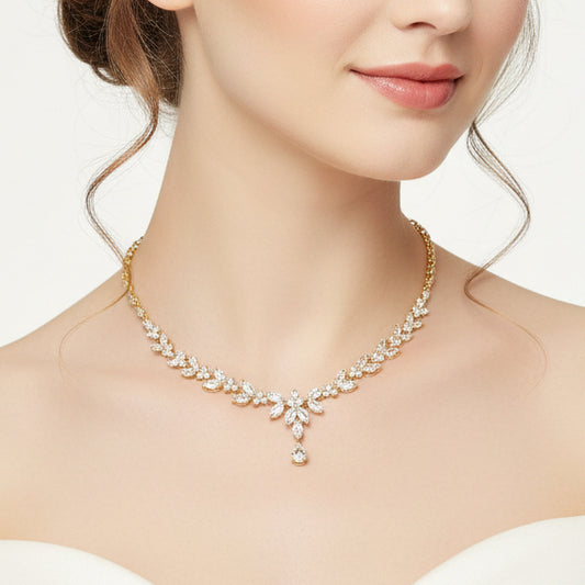 Wedding Bridal 18K Gold Plated Cubic Floral Statement Necklace