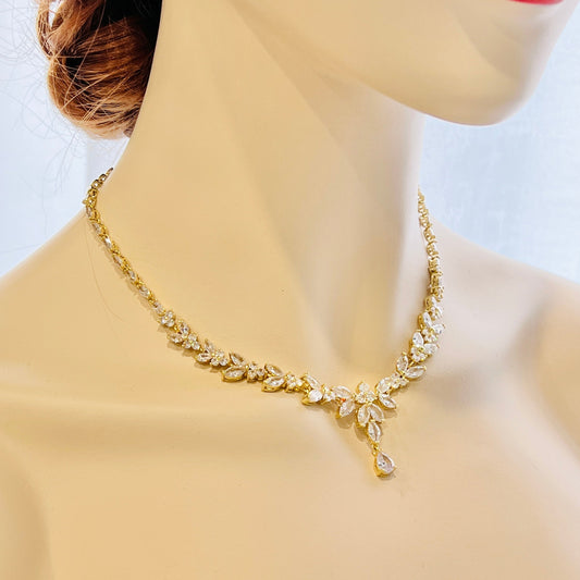 Wedding Bridal 2pcs 18K Gold Plated CZ Necklace and Earrings Set