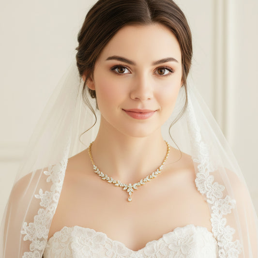Wedding Bridal 18K Gold Plated Floral Necklace and Earrings Set