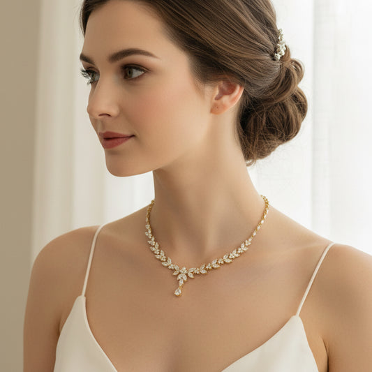 Wedding Bridal 2pcs 18K Gold Plated CZ Necklace and Earrings Set