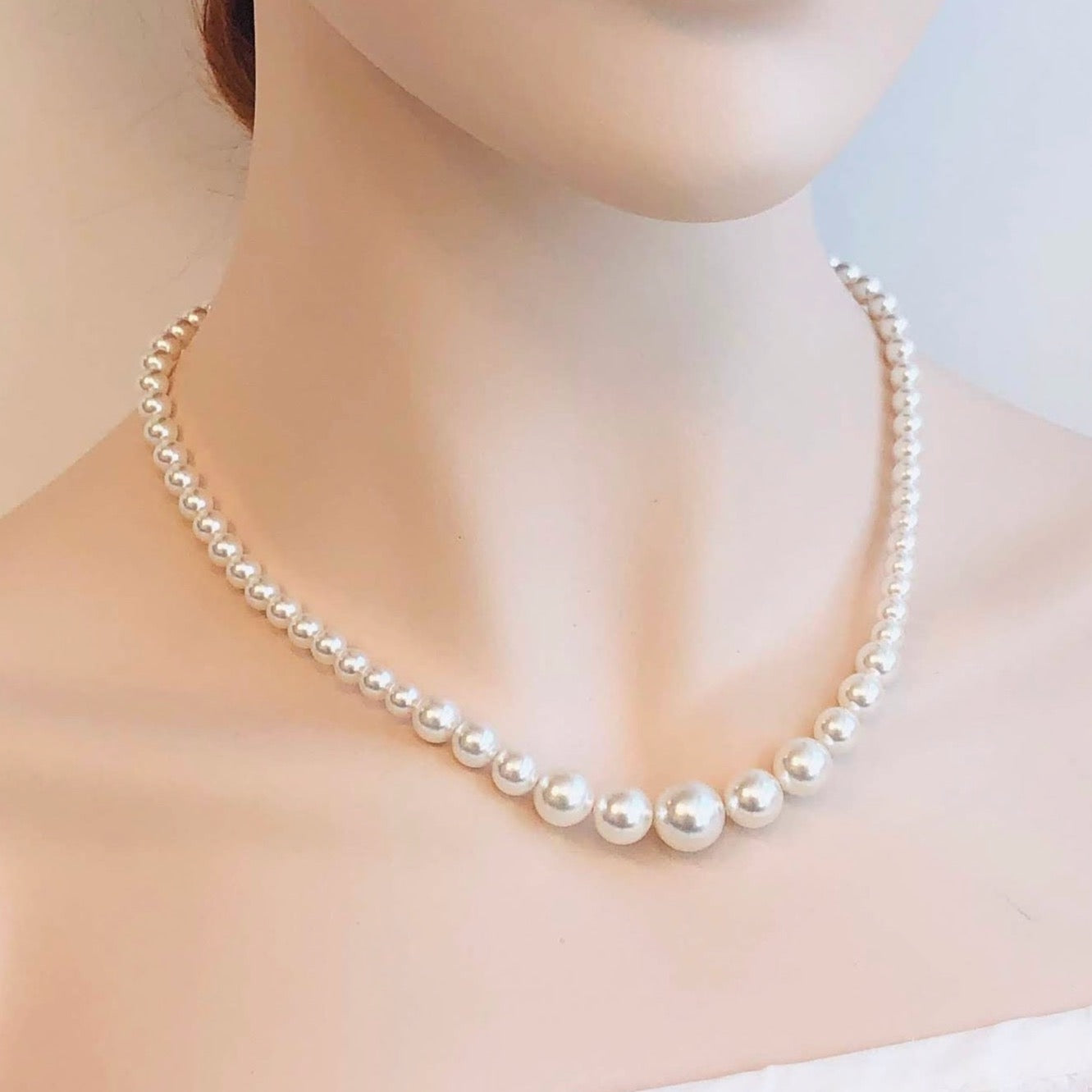 Classic Wedding White Crystal Austrian Pearl Gradual Beaded Necklace