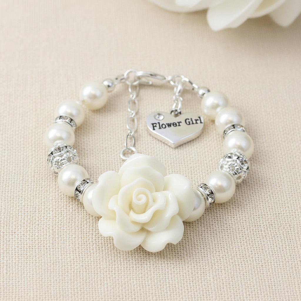 Extra Large Off White Rose Flower Girl Charm Pearl Bracelet