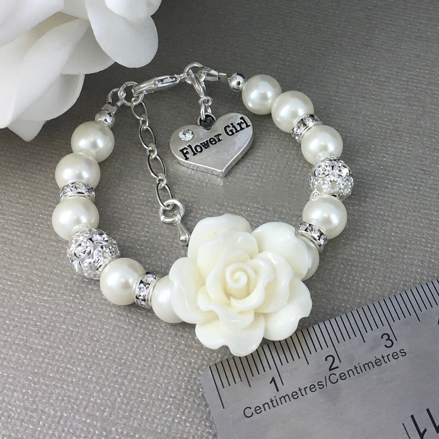 Extra Large Off White Rose Flower Girl Charm Pearl Bracelet