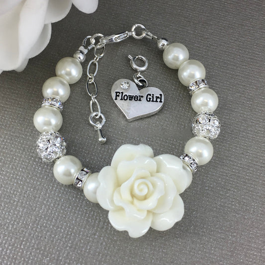 Extra Large Off White Rose Flower Girl Charm Pearl Bracelet
