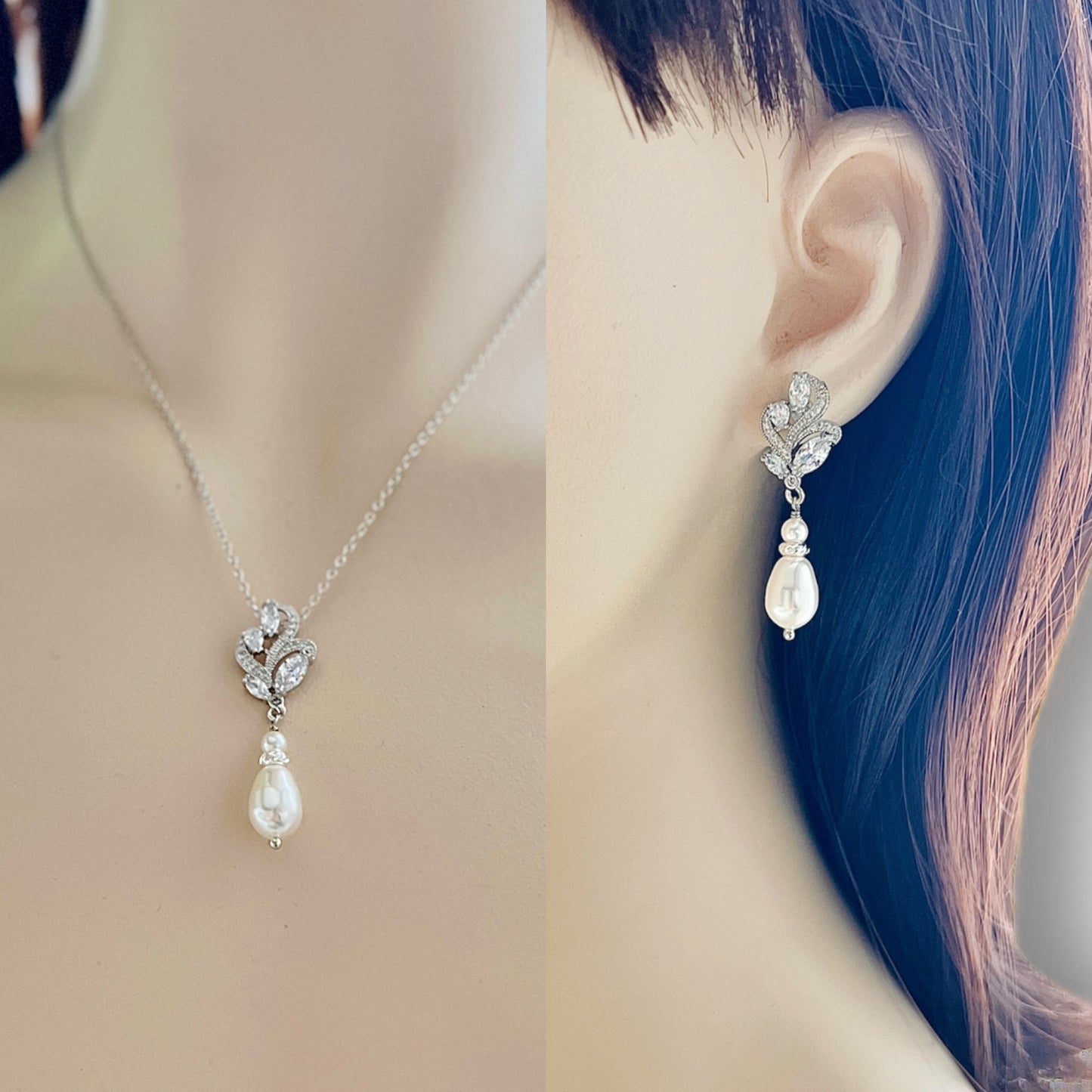 Bridal Wedding Marquise Floral Pearl Drop Earrings