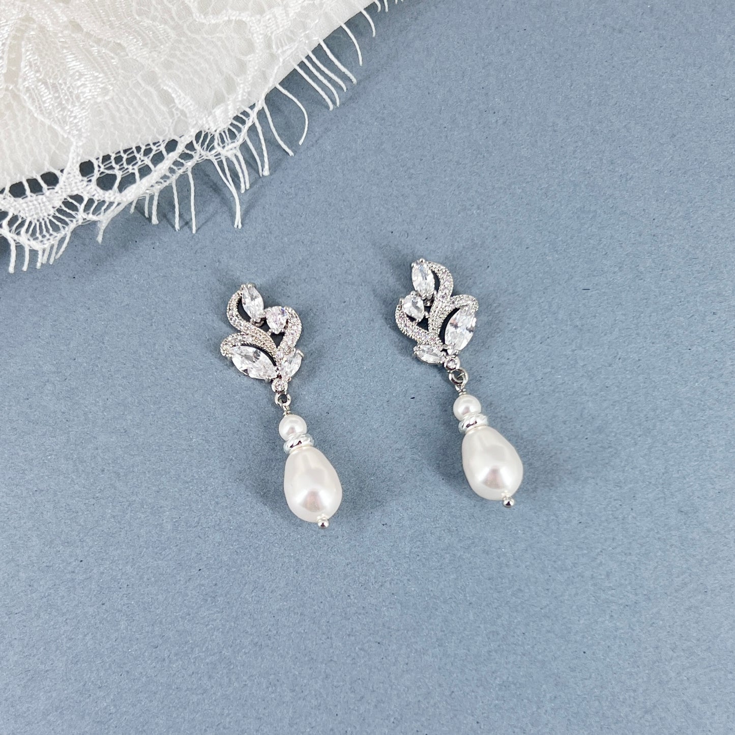 Bridal Wedding Marquise Floral Pearl Drop Earrings