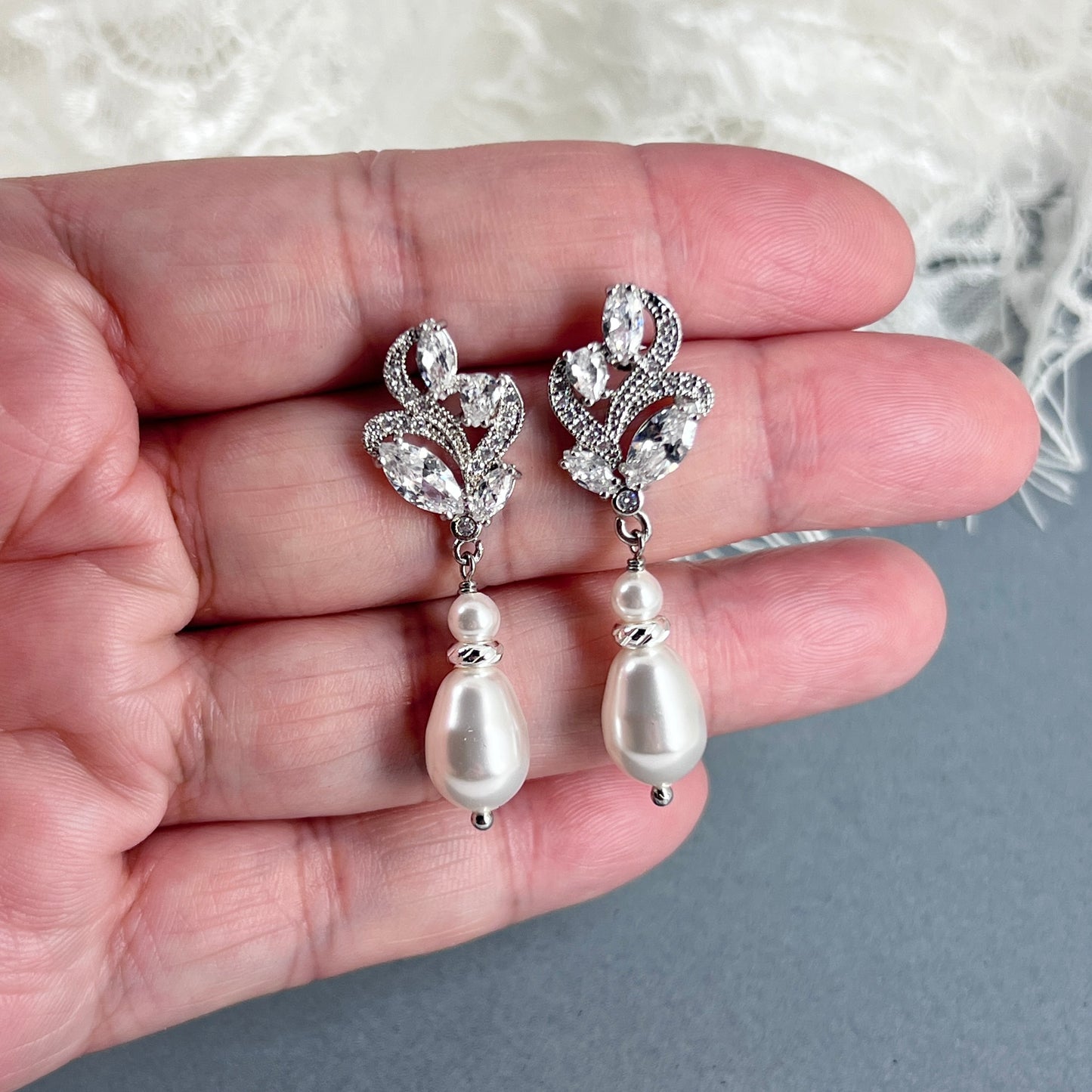 Bridal Wedding Marquise Floral Pearl Drop Earrings