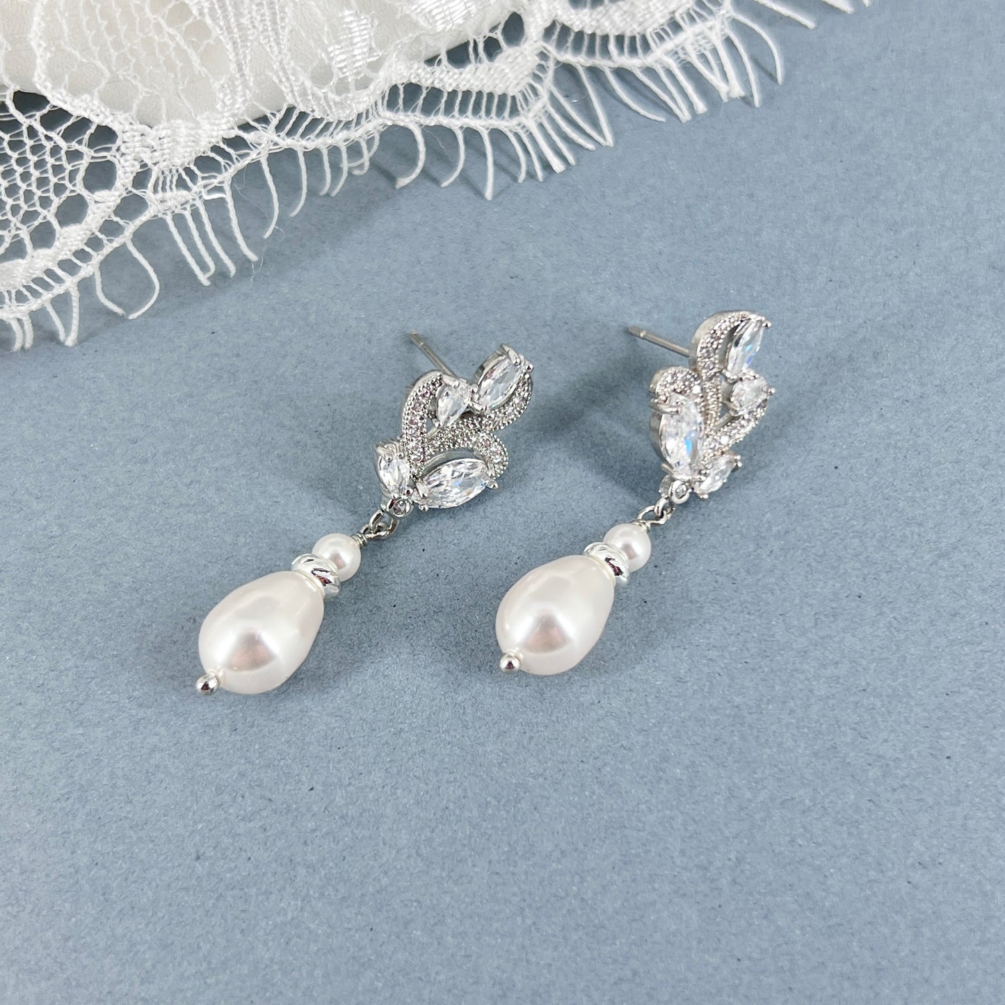 Bridal Wedding Marquise Floral Pearl Drop Earrings