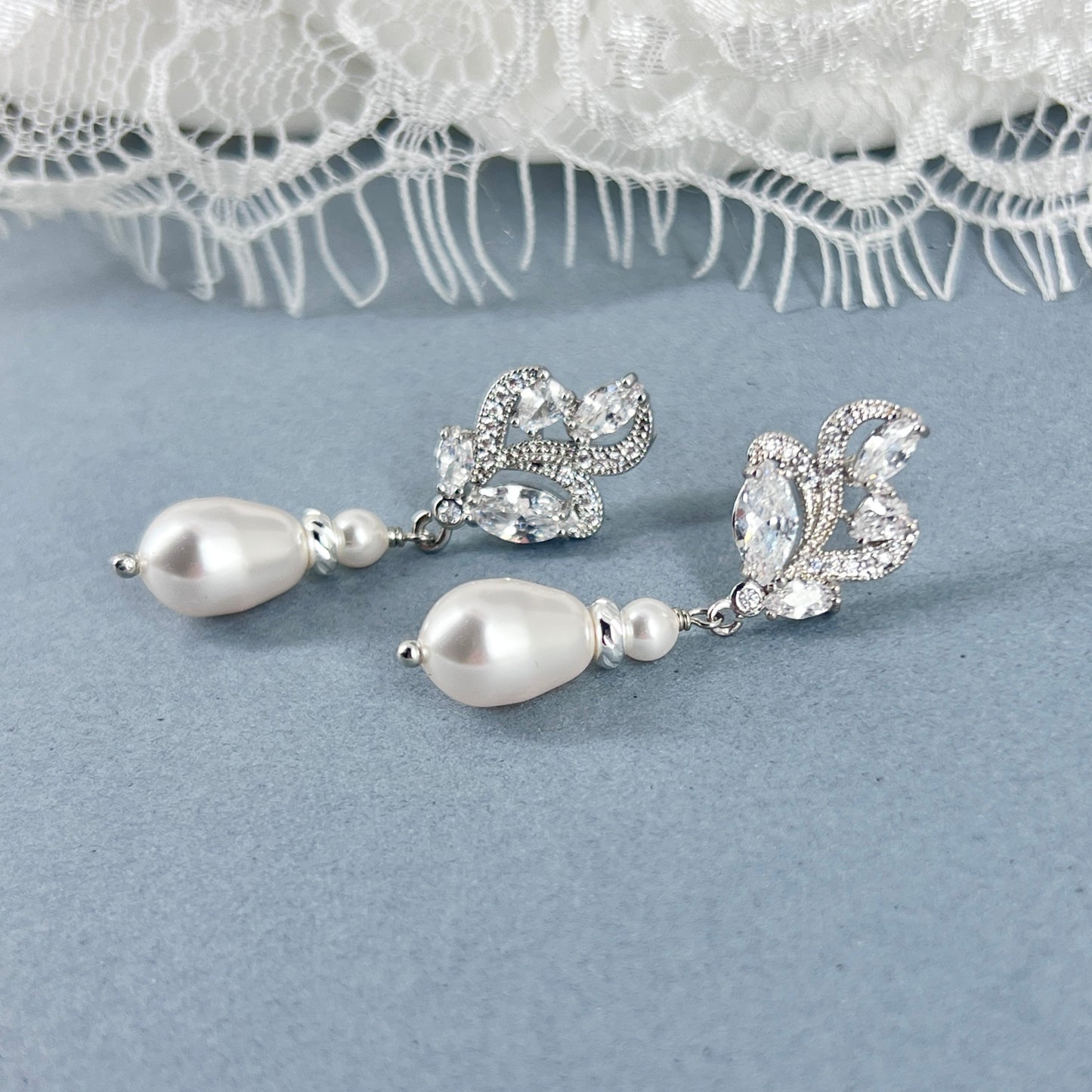 Bridal Wedding Marquise Floral Pearl Drop Earrings