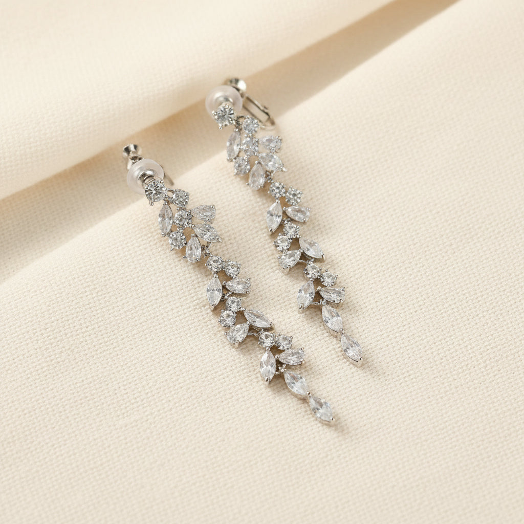 Wedding Bridal Cubic Marquise Long Clip-on Earrings