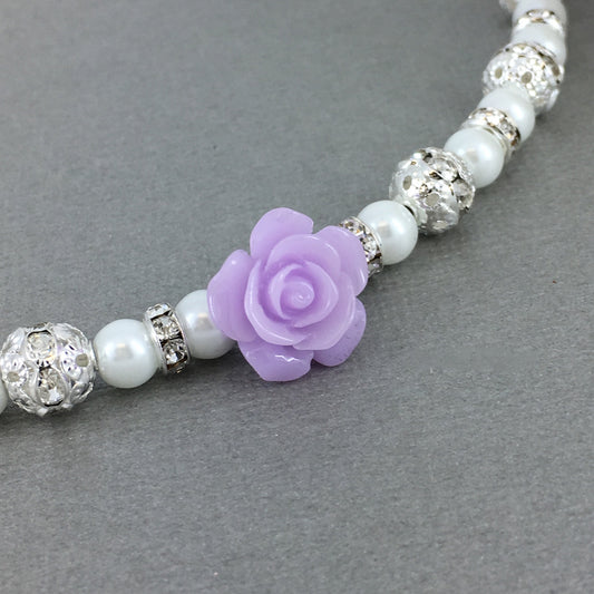 Purple Lilac Rose Pearl Necklace Flower Girl Charm Bracelet Earrings