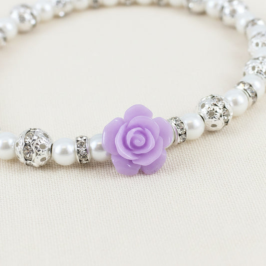Purple Lilac Rose Pearl Necklace Flower Girl Charm Bracelet Earrings