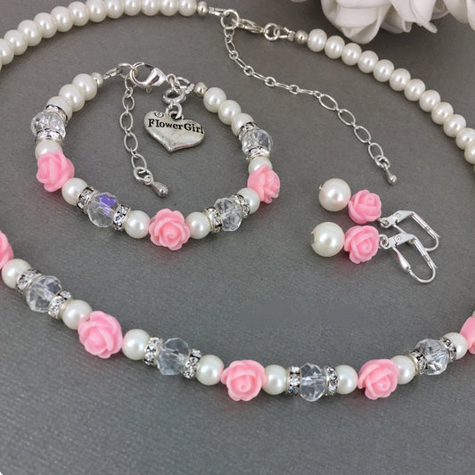 Pink Rose Pearl Necklace Flower Girl Charm Bracelet Earrings