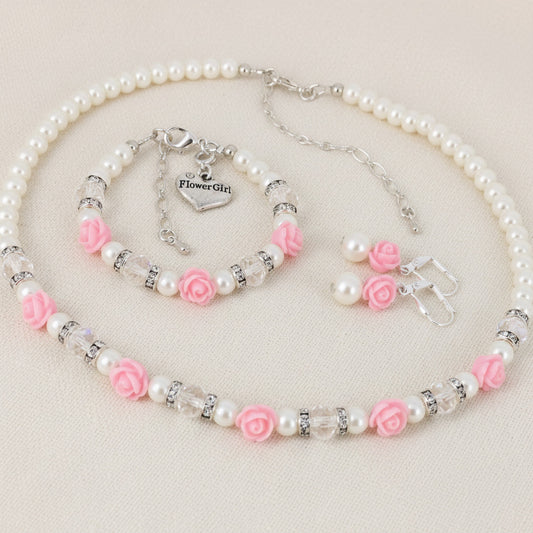 Pink Rose Pearl Necklace Flower Girl Charm Bracelet Earrings