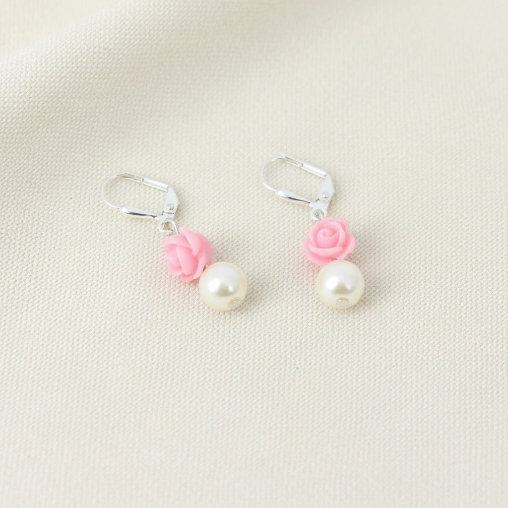 Pink Rose Pearl Necklace Flower Girl Charm Bracelet Earrings