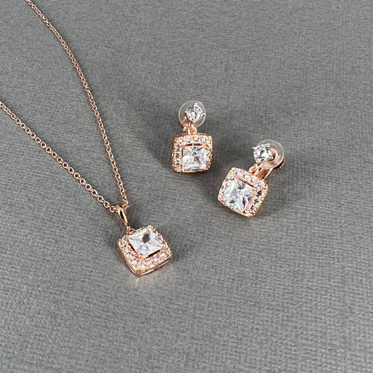 Wedding Bridal 2pcs CZ Square Necklace and Clip-on Earrings Set