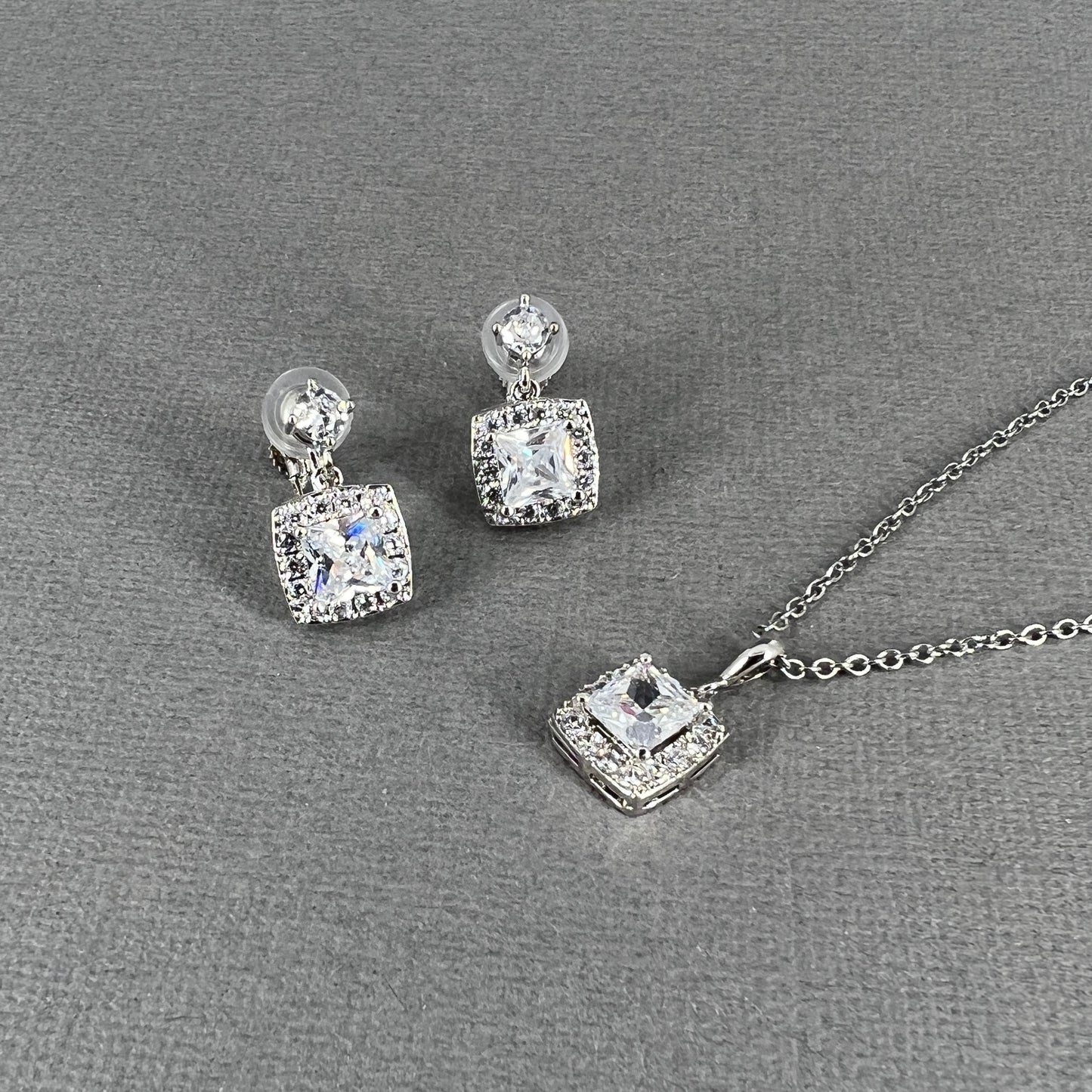 LcKenna 2pcs CZ Square Necklace and Clip-on Earrings Set