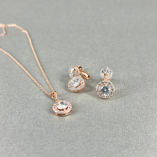 Wedding Bridal 2pcs CZ Circle Necklace and Clip-on Earrings Set