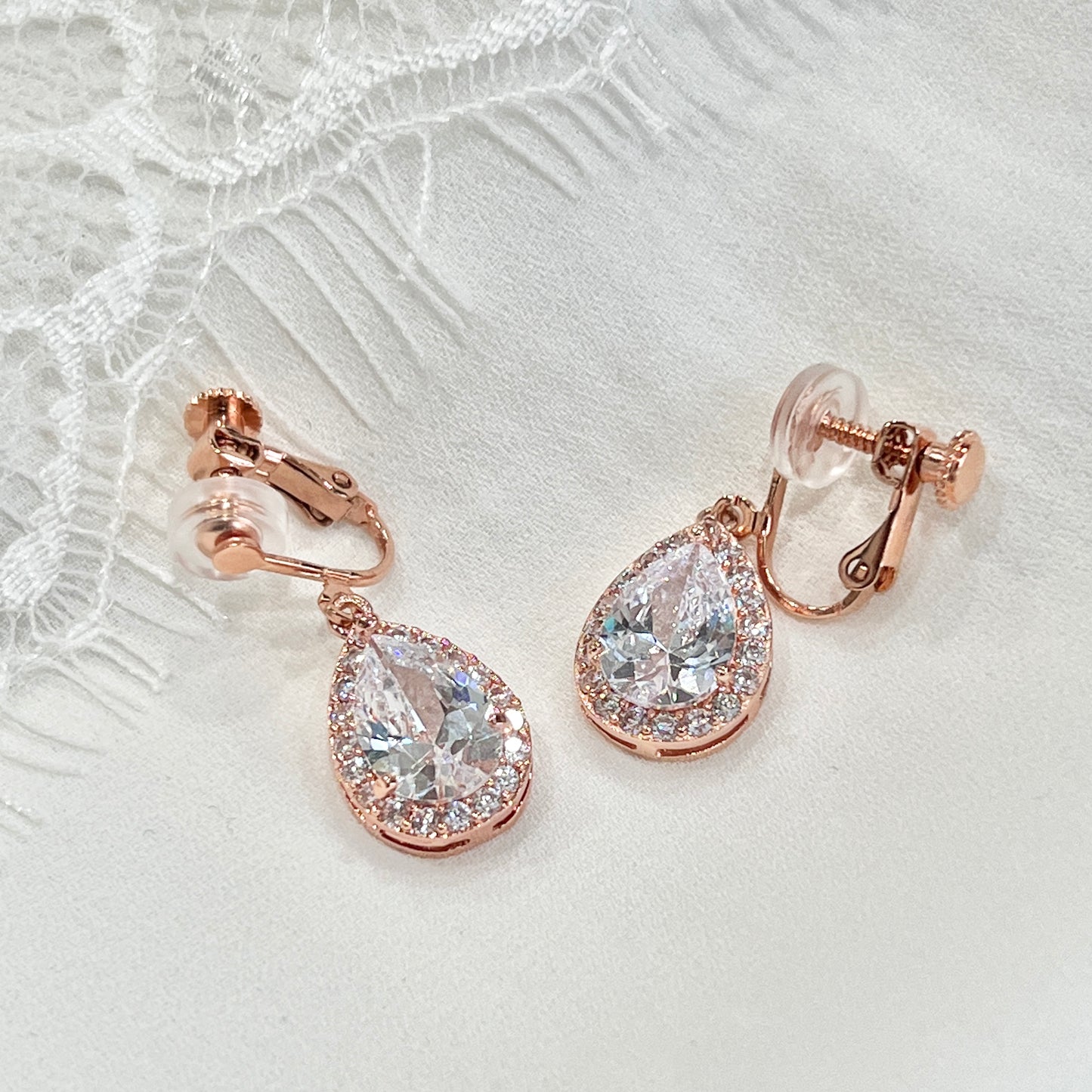 Wedding Bridal CZ Small Teardrop Dangle Clip-on Earrings