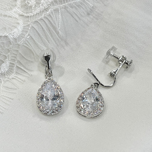 Wedding Bridal CZ Small Teardrop Dangle Clip-on Earrings