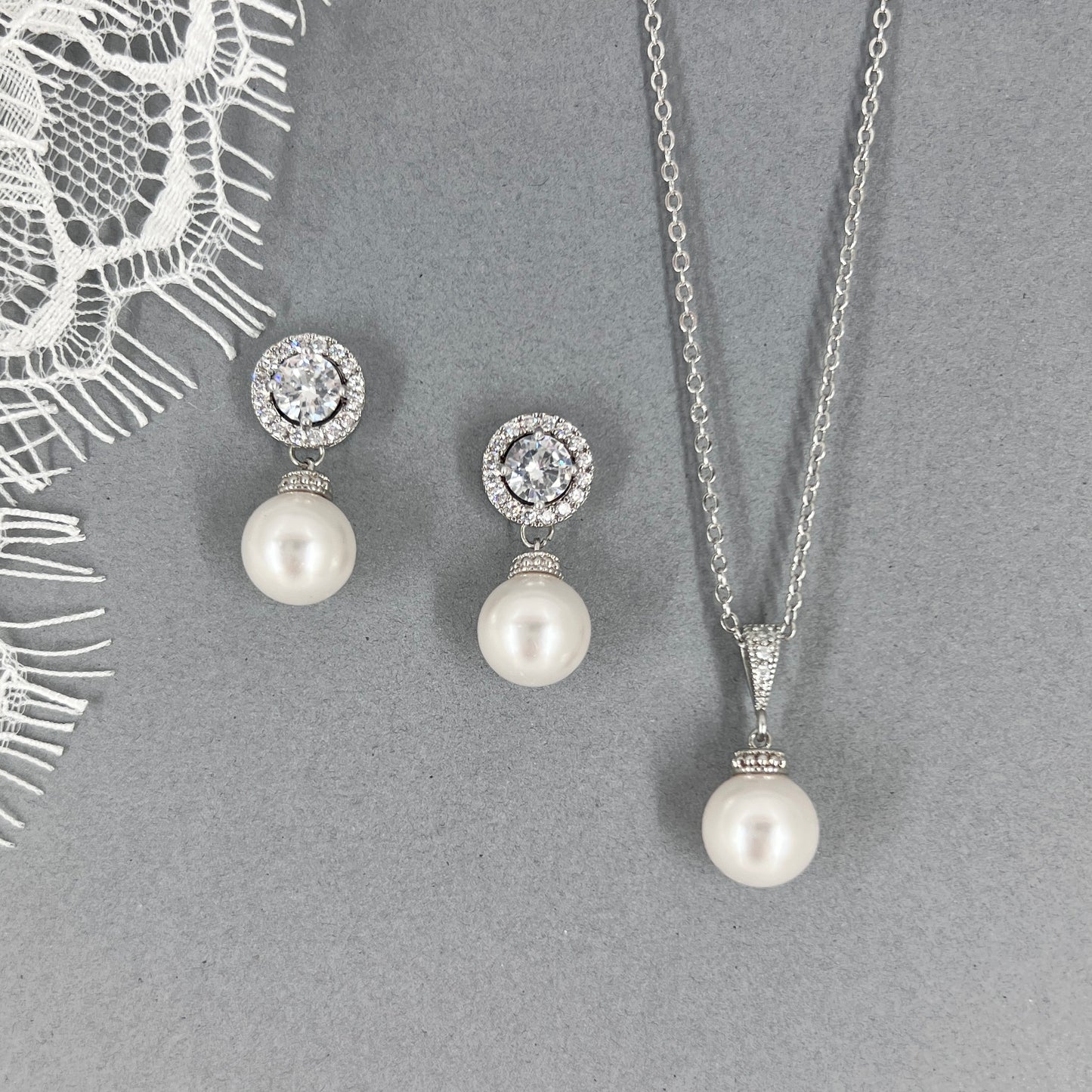 Bridal Wedding Classic Pearl Dangle Earrings Necklace Set