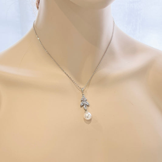 Wedding Bridal 2pcs CZ Leaf and Pearl Necklace and Earrings Set