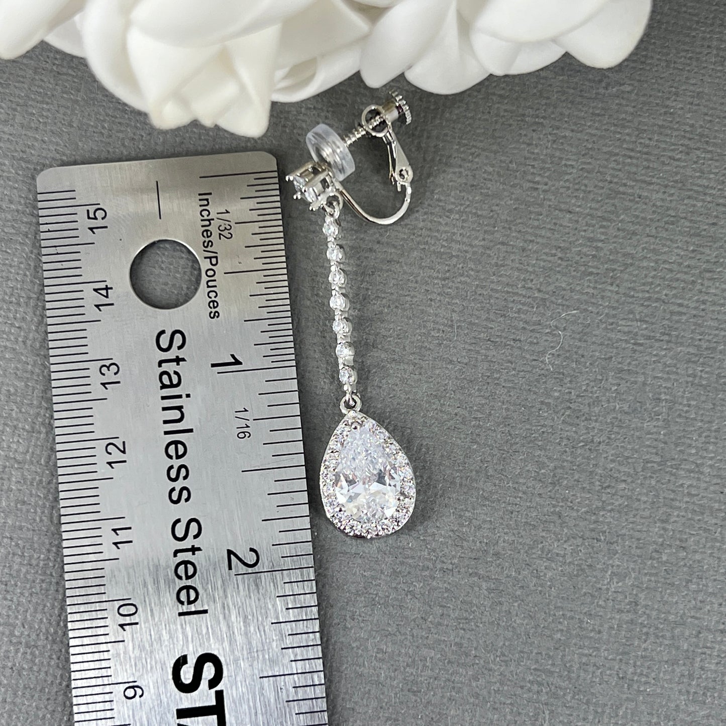 Wedding Bridal CZ Teardrop Long Clip-on Earrings