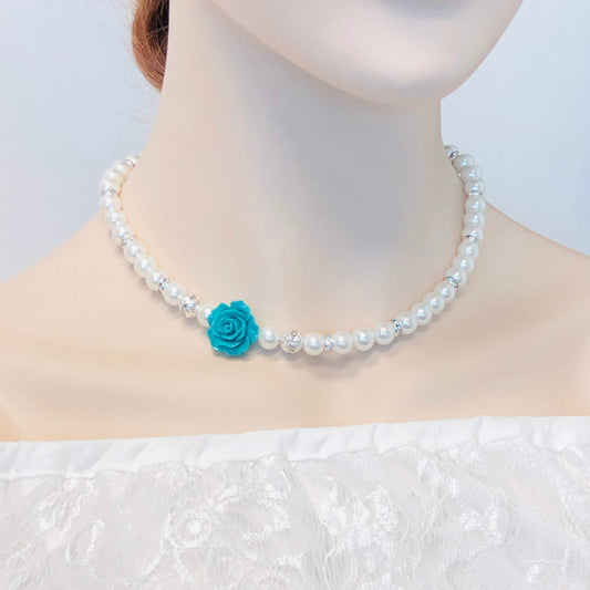 Turquoise Blue Rose Pearl Necklace Flower Girl Charm Bracelet Earrings