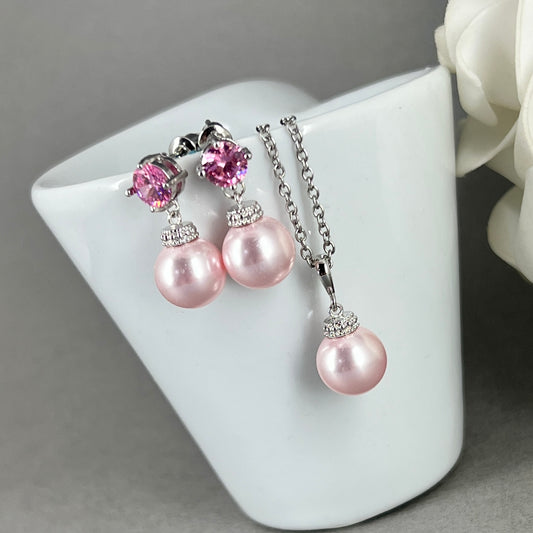 Lydia 2pcs CZ 10mm Pink Pearl Necklace and Earrings Set