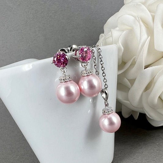 Wedding Bridal 2pcs CZ 10mm Pink Pearl Necklace and Earrings Set