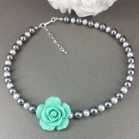 Light Gray and White Pearl Mint Green Rose Necklace Bracelet Stud Earrings