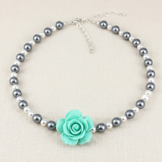 Light Gray and White Pearl Mint Green Rose Necklace Bracelet Stud Earrings