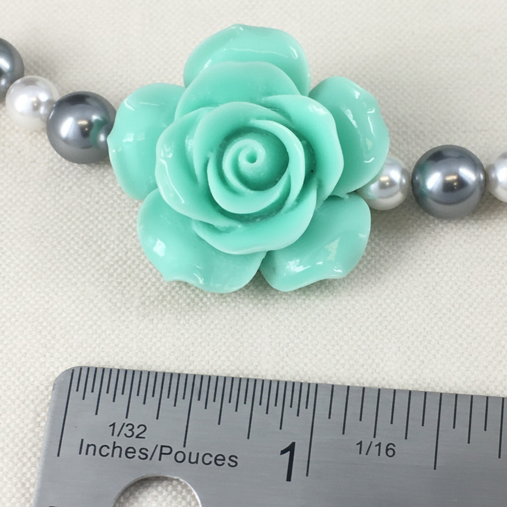 Light Gray and White Pearl Mint Green Rose Necklace Bracelet Stud Earrings