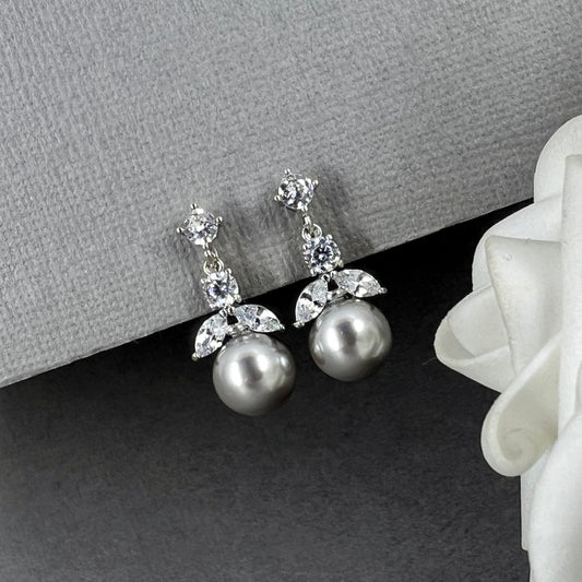 Wedding Bridal CZ Floral and Grey Pearl Clip-on Earrings