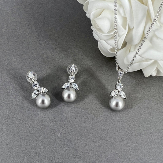 Liley 2pcs CZ Floral and Grey Pearl Necklace and Clip-on Earrings Set