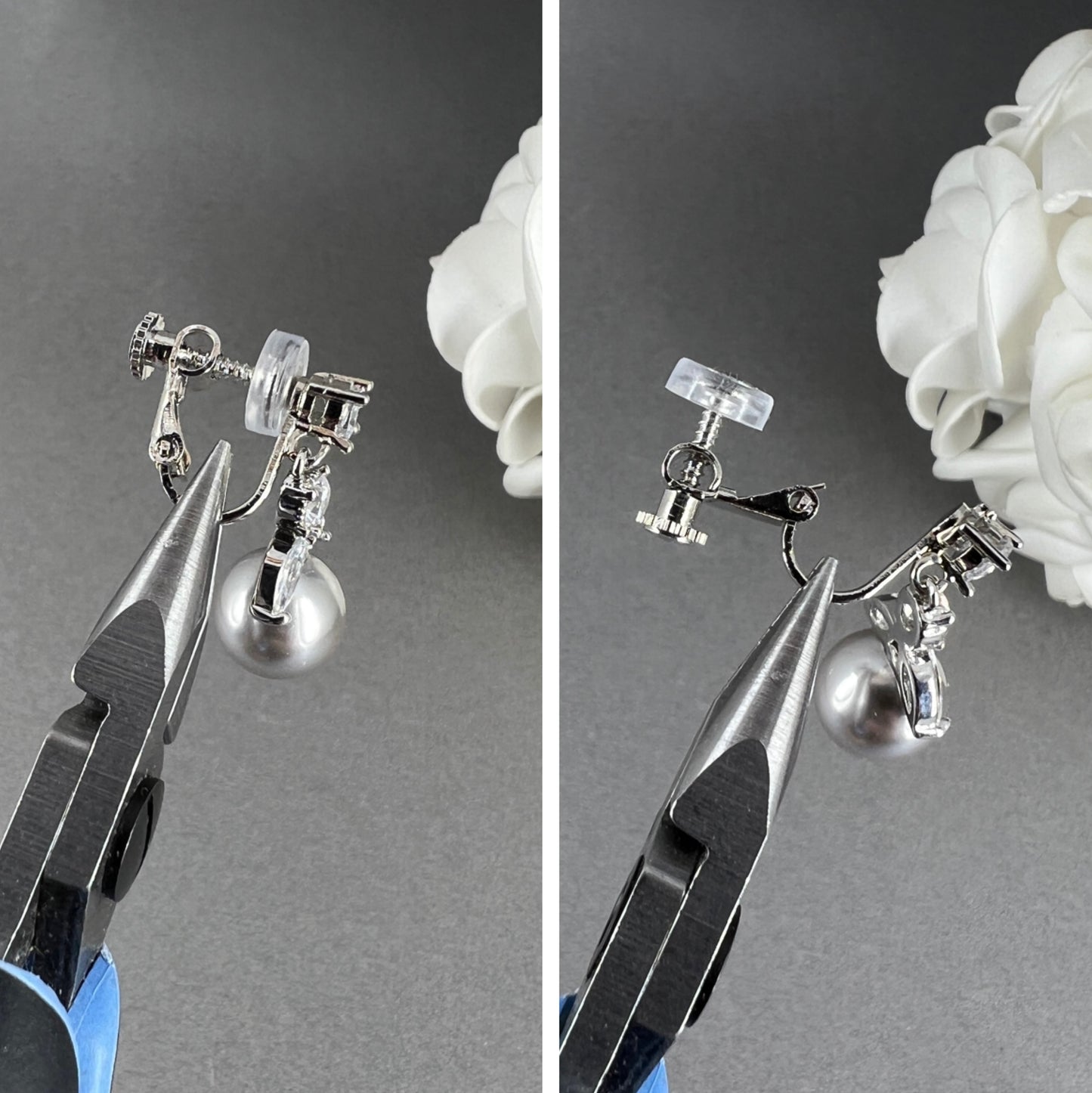 Boucles d'oreilles clips Miley CZ à fleurs et perles grises