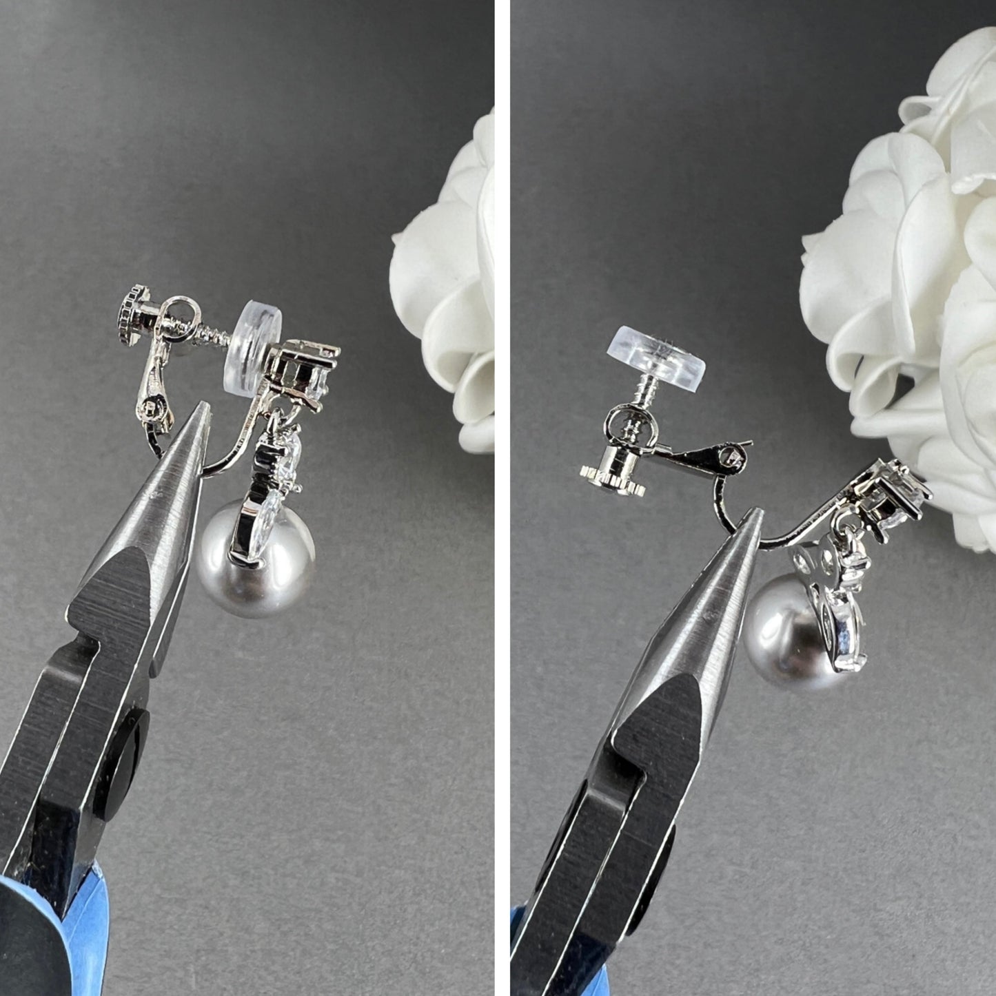 Ensemble 2 colliers et boucles d'oreilles à clips Liley en zircone cubique et perles grises