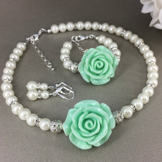 Large Mint Green Rose Pearl Necklace Bracelet Earrings