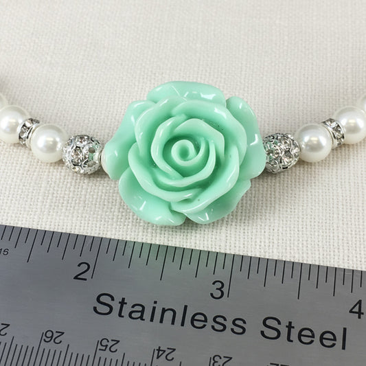 Large Mint Green Rose Pearl Necklace Bracelet Earrings