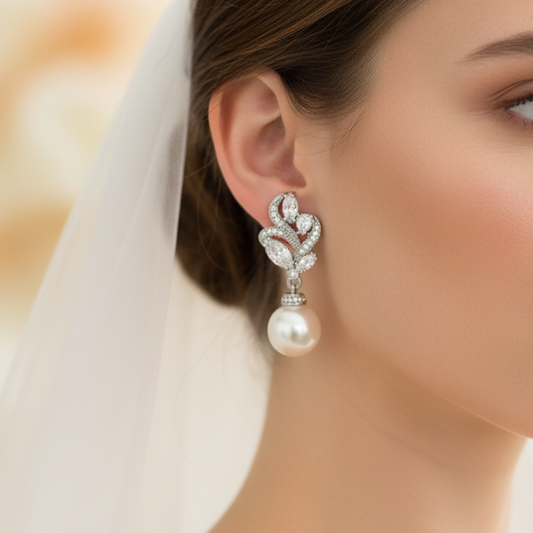 Wedding Bridal CZ Floral Round Pearl Drop Earrings
