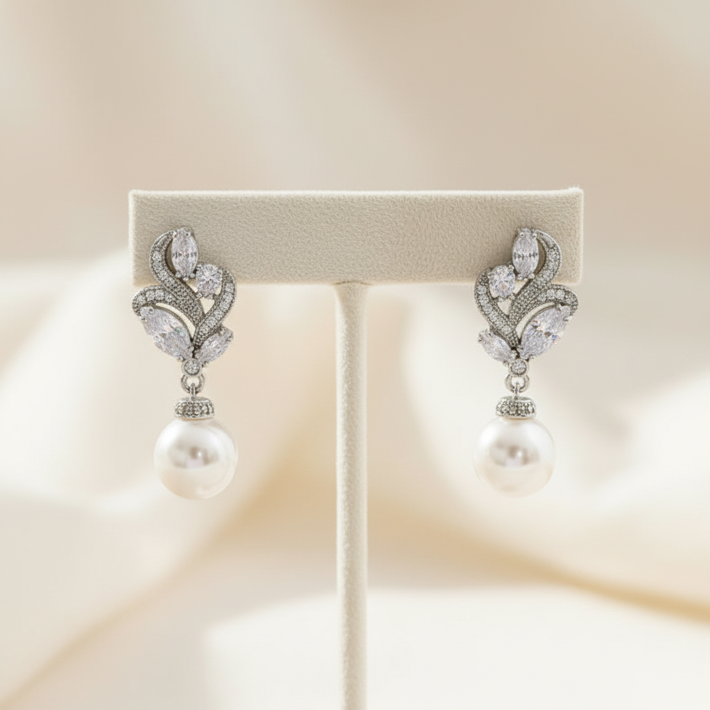 Wedding Bridal CZ Floral Round Pearl Drop Earrings
