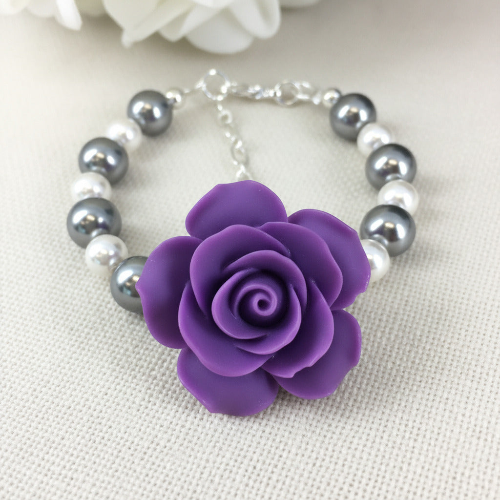 Light Gray and White Pearl Purple Green Rose Necklace Bracelet Stud Earrings