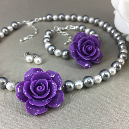 Light Gray and White Pearl Purple Green Rose Necklace Bracelet Stud Earrings