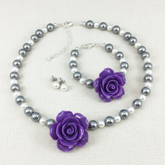 Light Gray and White Pearl Purple Green Rose Necklace Bracelet Stud Earrings