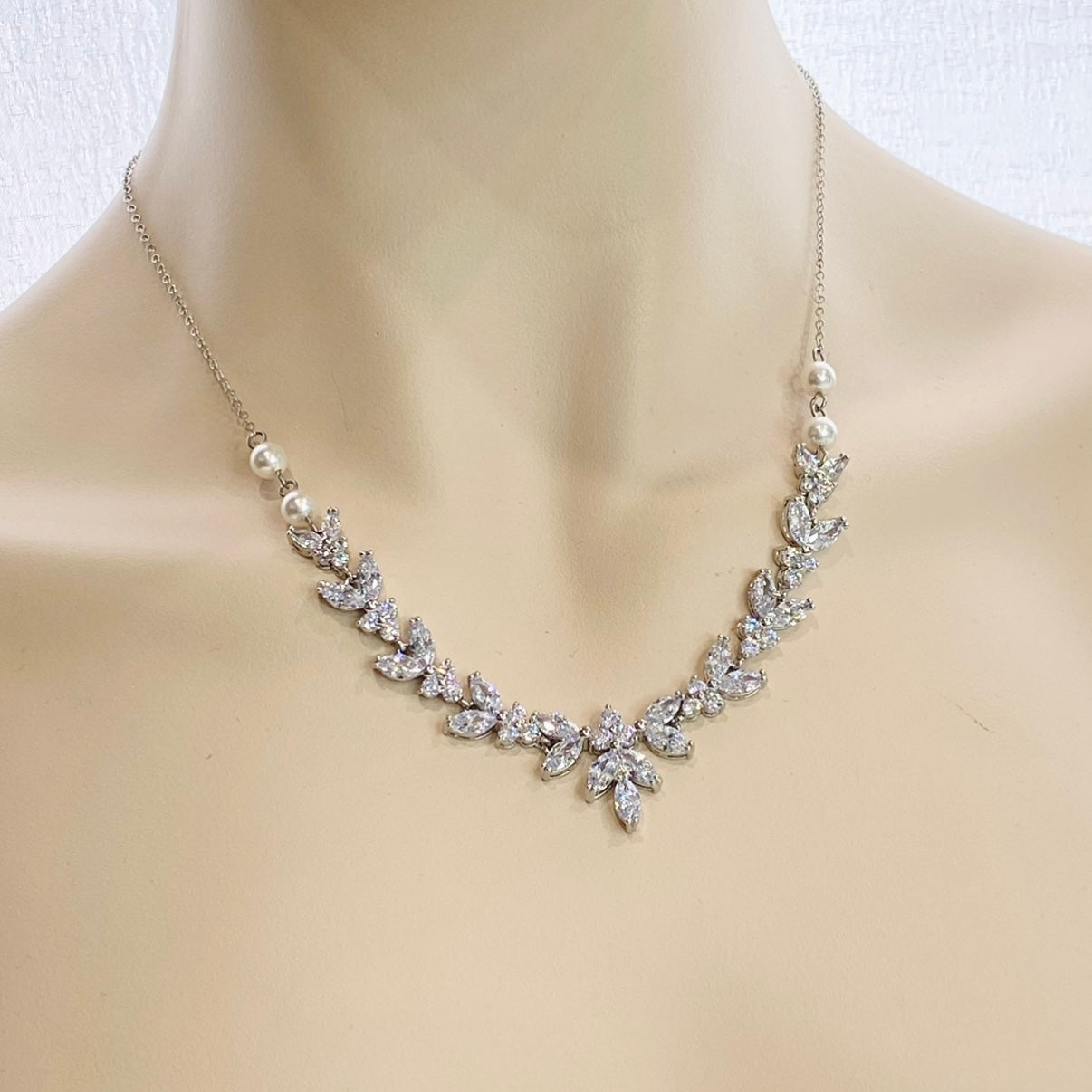 Lacey 2pcs CZ Floral and Pearl Necklace and Earrings Set
